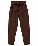 Pantalón pitillo marrón chocolate de mujer con cintura elástica y cinturón de lazo