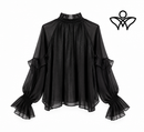 Camisa de gasa negra con volantes y manga larga
