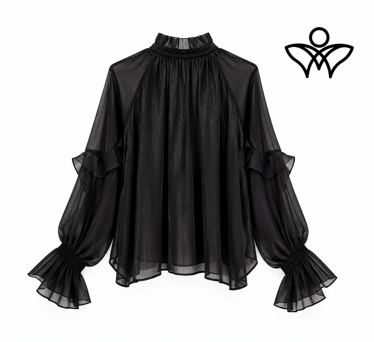 Camisa de gasa negra con volantes y manga larga