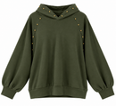 Sudadera de mujer verde militar con capucha y tachuelas doradas