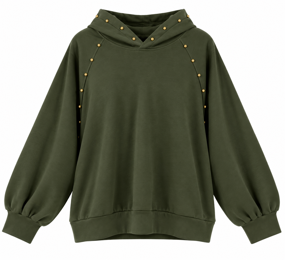 Sudadera de mujer verde militar con capucha y tachuelas doradas