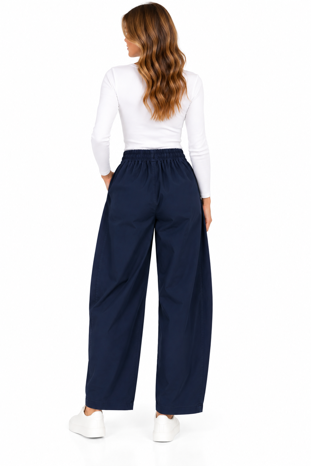 Pantalón balloon azul marino de mujer con cintura elástica y bolsillos