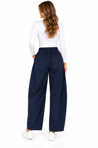 Pantalón balloon azul marino de mujer con cintura elástica y bolsillos