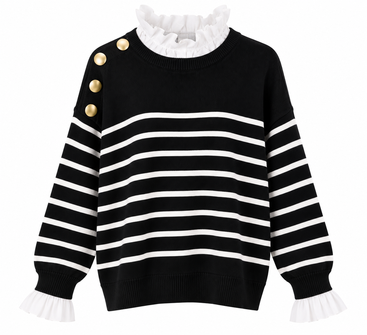 Jersey de rayas negras y blancas con efecto camisa y botones dorados