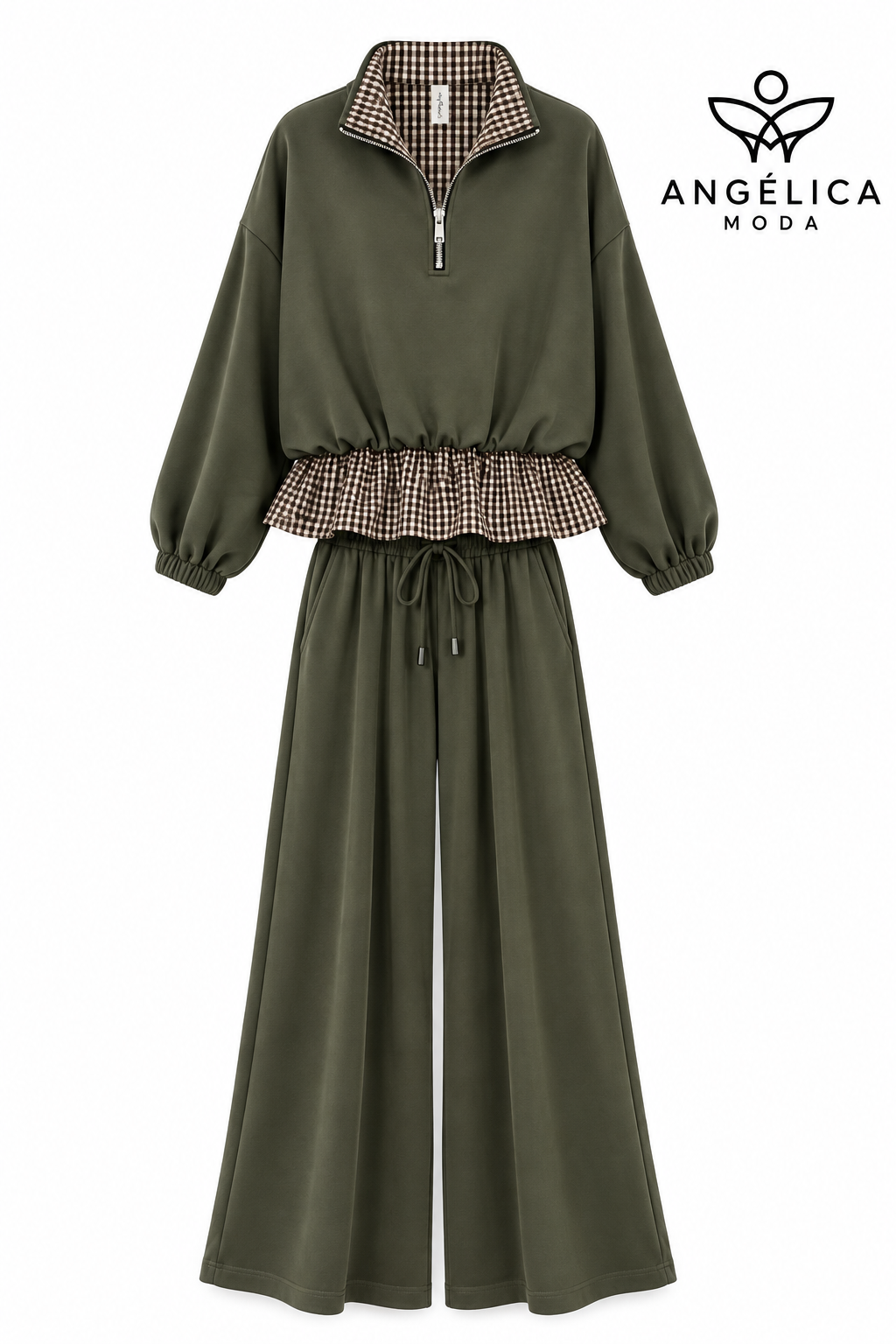 Conjunto de mujer verde militar de algodón con sudadera de cuadros y pantalón ancho