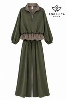 Conjunto de mujer verde militar de algodón con sudadera de cuadros y pantalón ancho