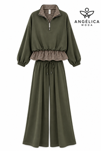 Conjunto de mujer verde militar de algodón con sudadera de cuadros y pantalón ancho