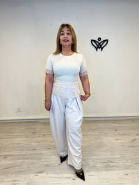 Camiseta algodón beige de mujer con encaje