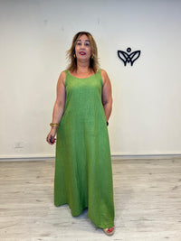 Vestido largo de lino verde con bolsillos