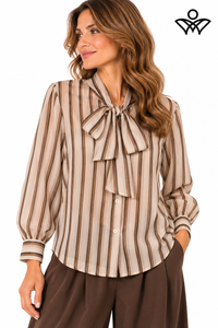 Camisa de gasa marrón y beige de mujer con rayas y lazo