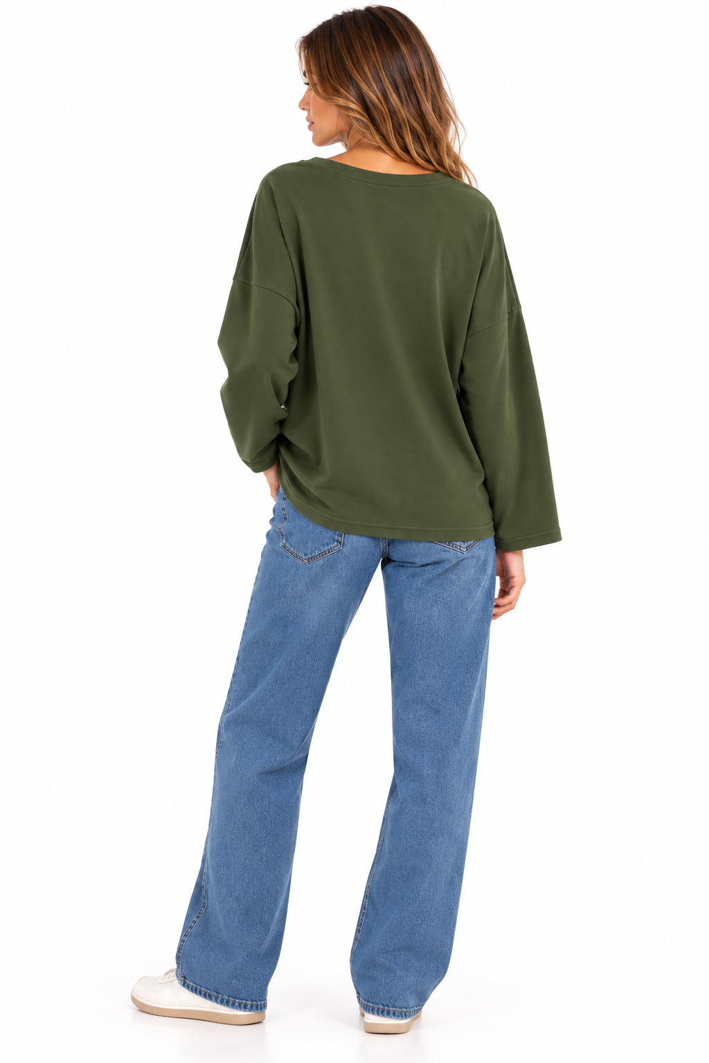Sudadera verde militar de mujer de algodón con cuello pico y bolsillo con tachuelas plateadas