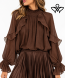 Camisa de gasa marrón chocolate con volantes y manga elegante