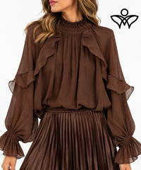 Camisa de gasa marrón chocolate con volantes y manga elegante