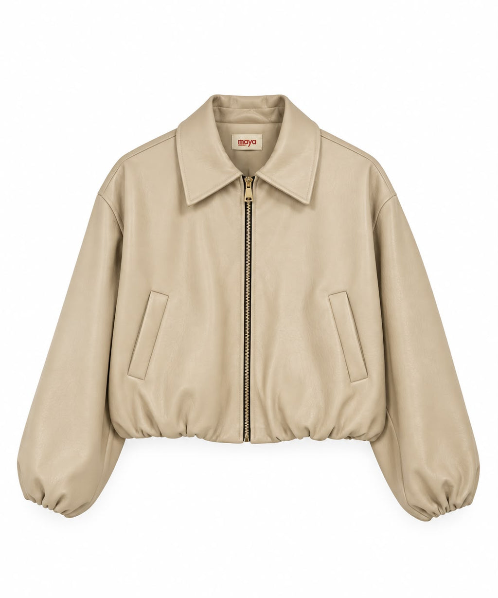 Cazadora bomber beige de polipiel con cremallera