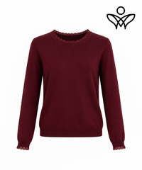 Jersey burdeos de punto suave con detalle de puntilla en cuello y puños