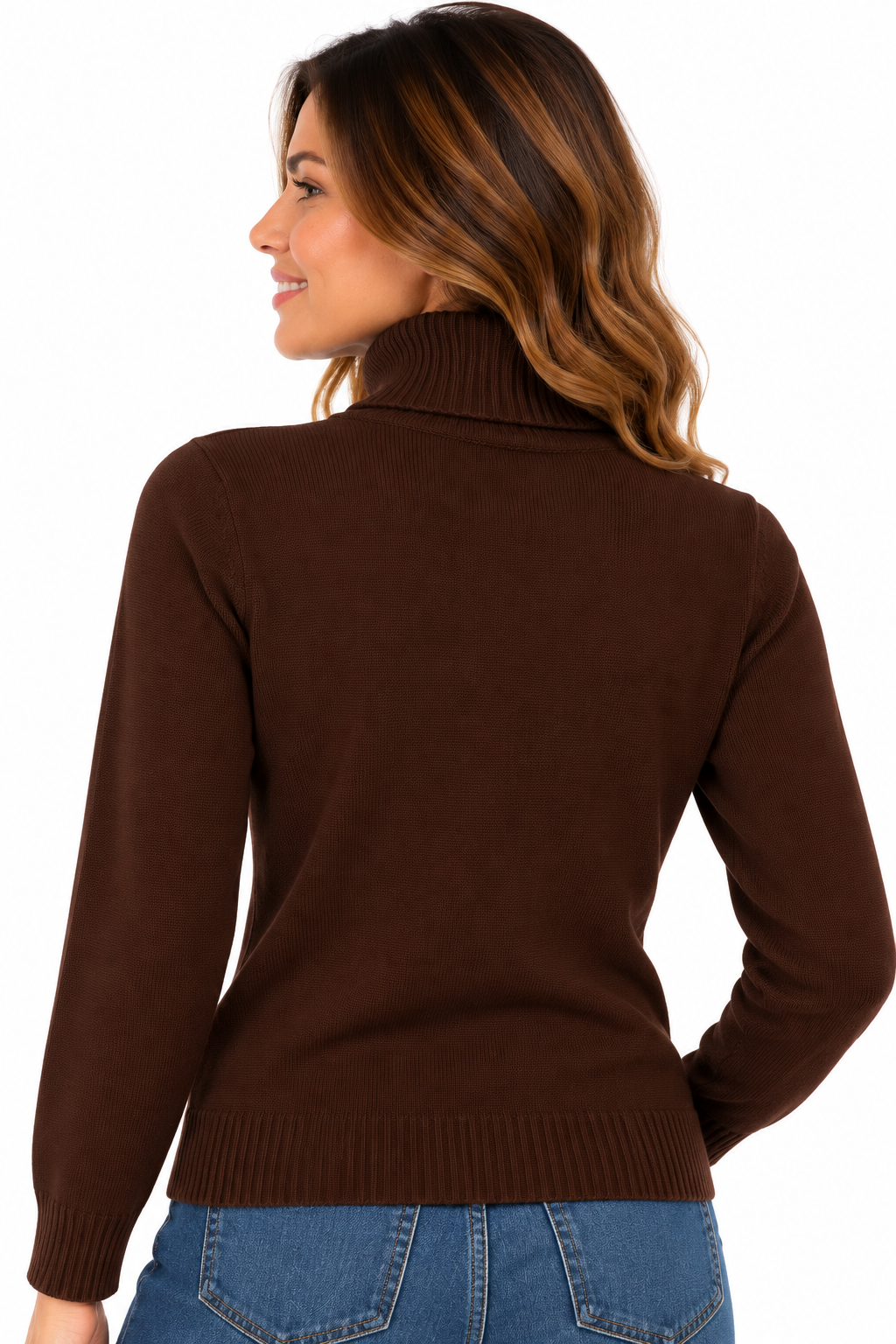 Jersey de punto marrón chocolate para mujer con cuello alto vuelto
