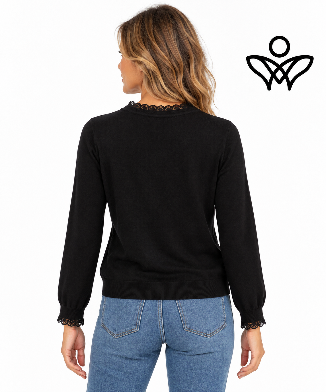 Jersey negro de punto suave con puntilla en cuello y puños
