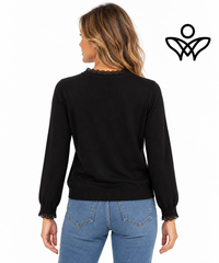 Jersey negro de punto suave con puntilla en cuello y puños