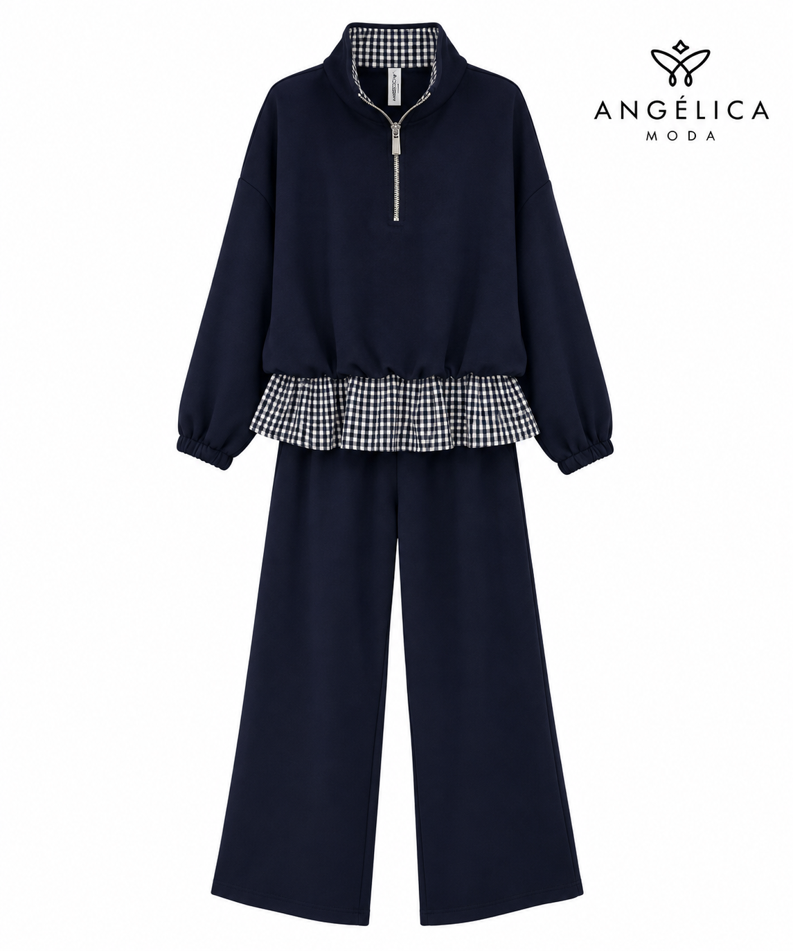 Conjunto de mujer azul marino de algodón con sudadera de cuadros y pantalón ancho