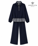 Conjunto de mujer azul marino de algodón con sudadera de cuadros y pantalón ancho