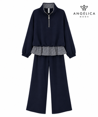 Conjunto de mujer azul marino de algodón con sudadera de cuadros y pantalón ancho