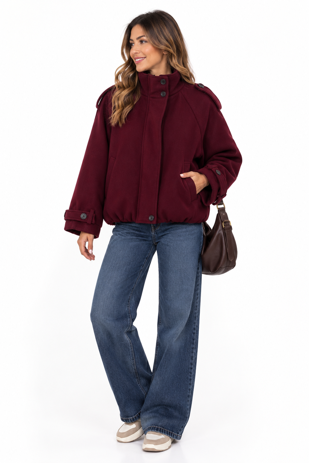 Chaquetón de paño burdeos para mujer, forrado y con botones