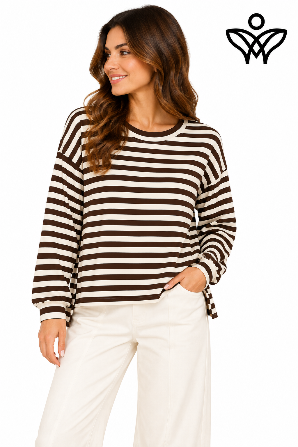 Camiseta de rayas marrón chocolate y beige de manga larga
