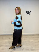 Jersey de punto de rayas cuello de polo con botones azul y marrón
