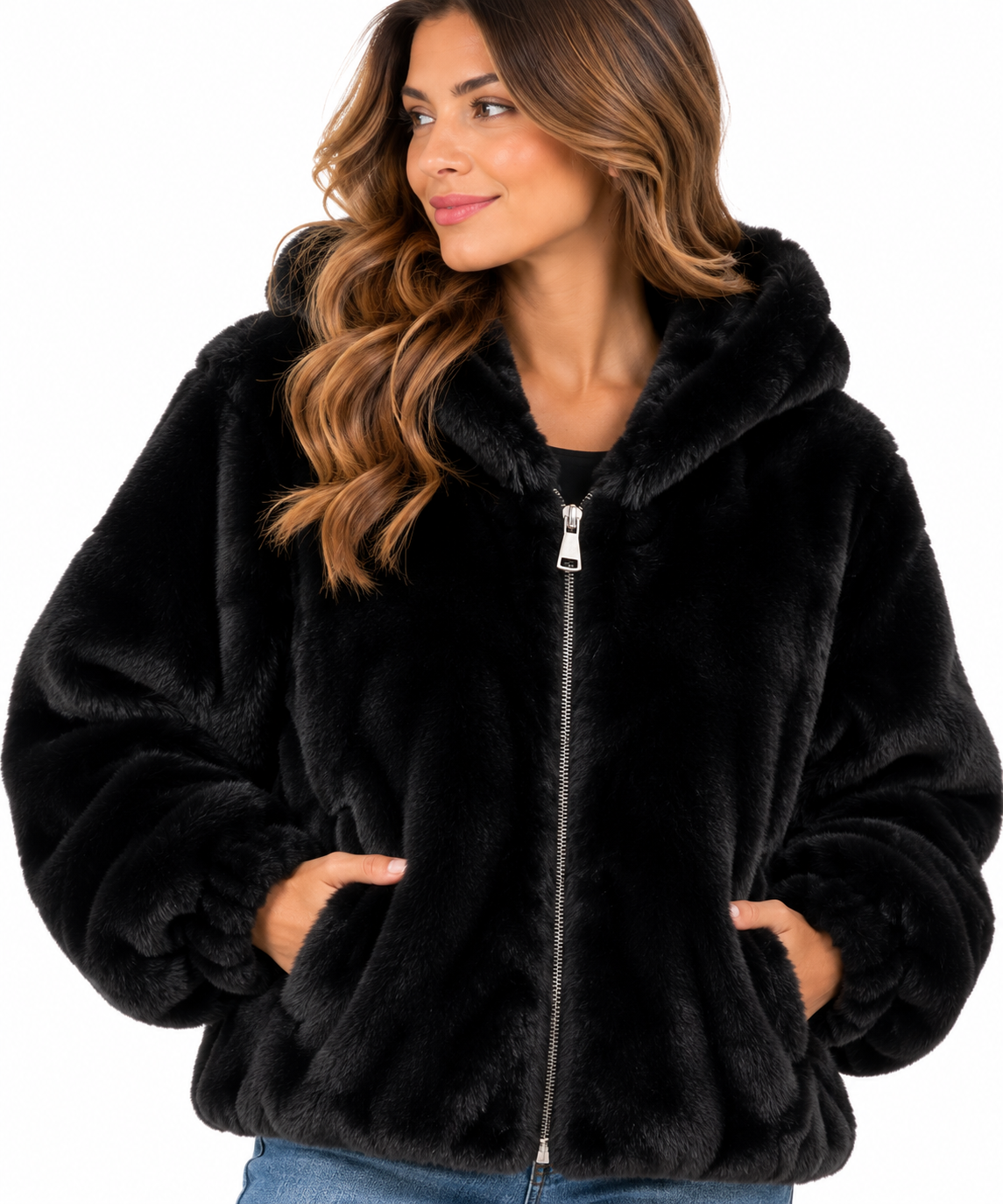 Chaqueta de pelo sintético negra para mujer con capucha y cremallera
