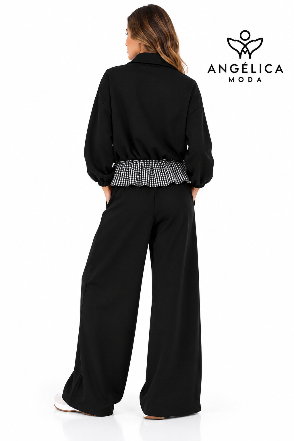 Conjunto de mujer negro de algodón con sudadera de cuadros y pantalón ancho