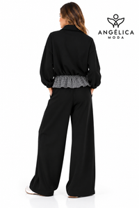 Conjunto de mujer negro de algodón con sudadera de cuadros y pantalón ancho