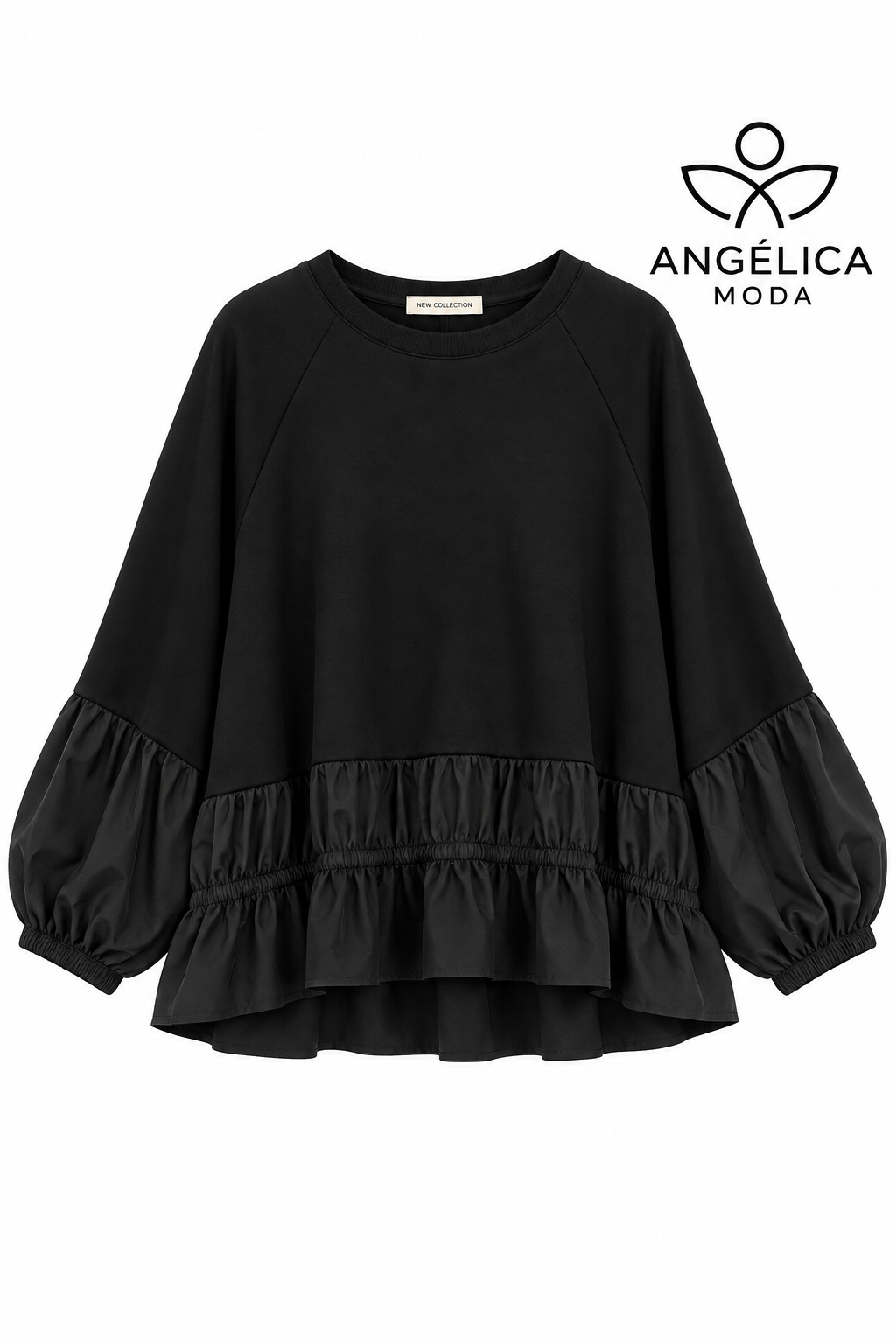 Conjunto de mujer negro de algodón con sudadera de volante y pantalón jogger