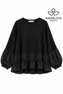 Conjunto de mujer negro de algodón con sudadera de volante y pantalón jogger