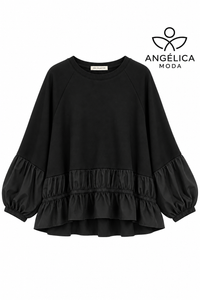 Conjunto de mujer negro de algodón con sudadera de volante y pantalón jogger