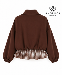 Conjunto de mujer marrón chocolate de algodón con sudadera de cuadros y pantalón ancho