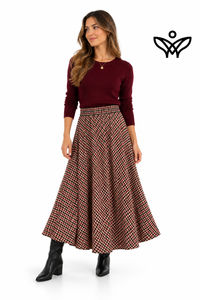 Falda midi de cuadros vichy burdeos y beige de lana con bolsillos