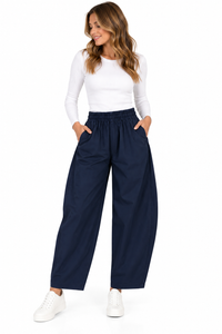 Pantalón balloon azul marino de mujer con cintura elástica y bolsillos