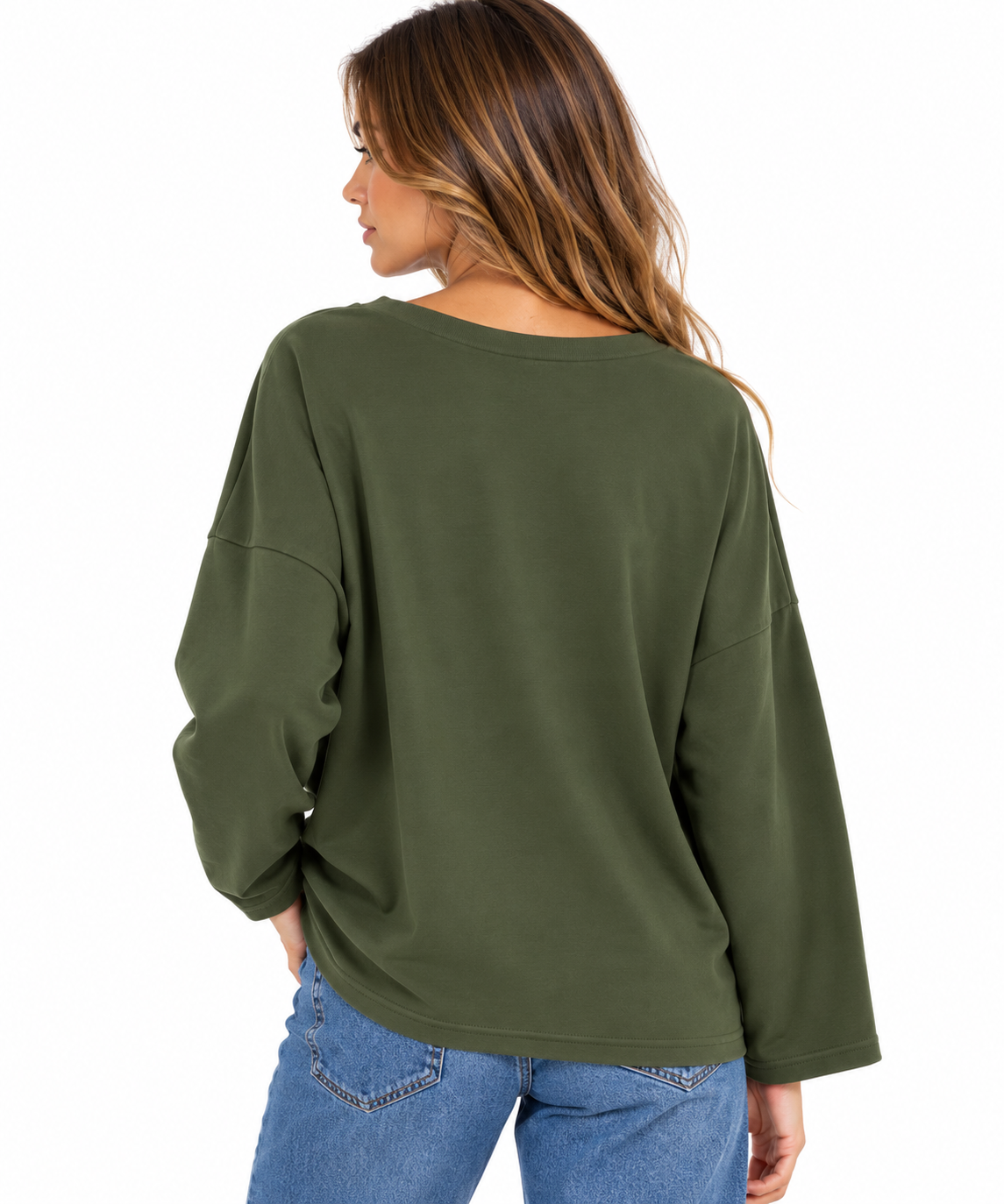 Sudadera verde militar de mujer de algodón con cuello pico y bolsillo con tachuelas plateadas