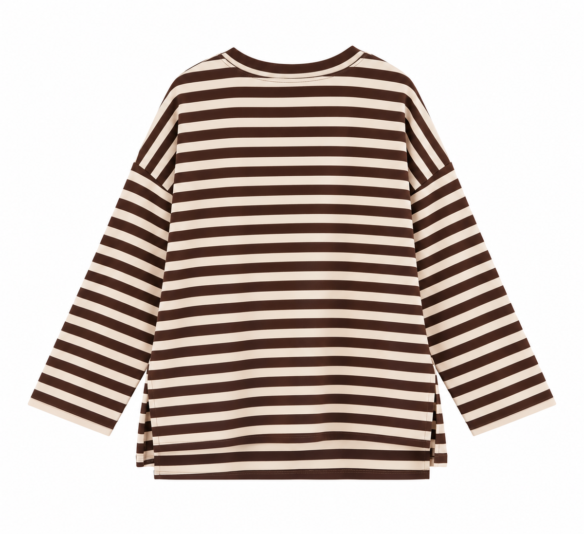 Sudadera de mujer de algodón a rayas beige y marrón chocolate más larga por detrás