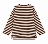 Sudadera de mujer de algodón a rayas beige y marrón chocolate más larga por detrás