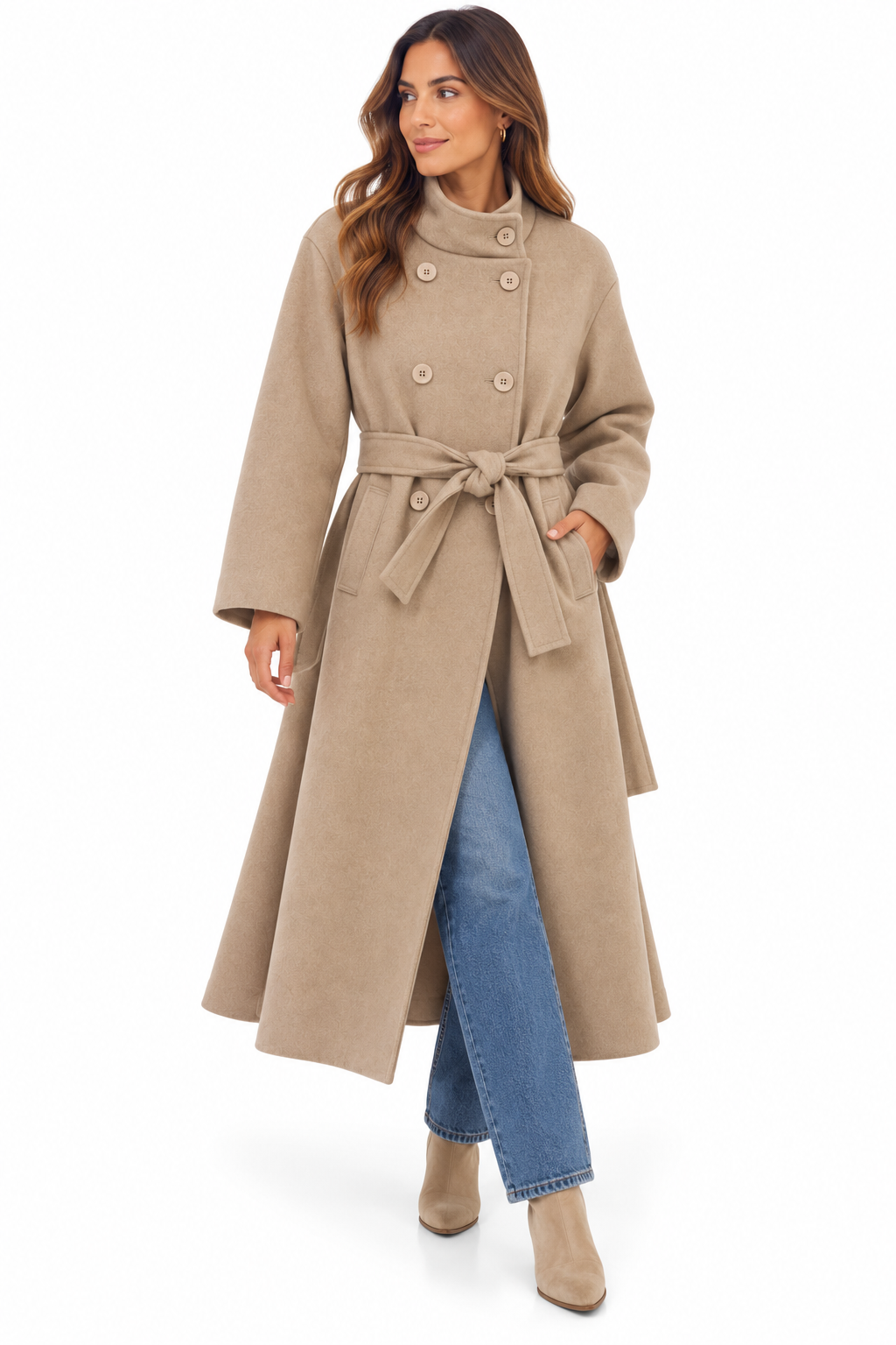Abrigo largo de paño para mujer en beige con doble botonadura y cinturón