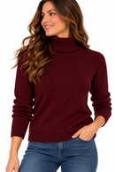 Jersey de punto burdeos para mujer con cuello alto vuelto