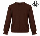 Jersey marrón chocolate de punto suave con puntilla en cuello y puños