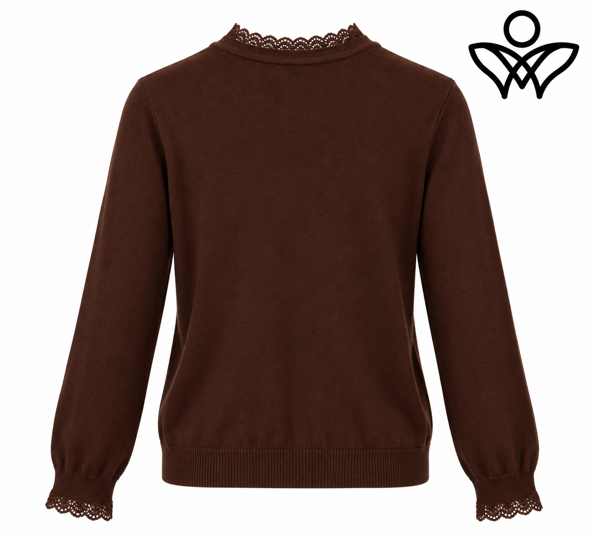Jersey marrón chocolate de punto suave con puntilla en cuello y puños