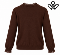Jersey marrón chocolate de punto suave con puntilla en cuello y puños