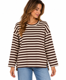 Sudadera de mujer de algodón a rayas beige y marrón chocolate más larga por detrás