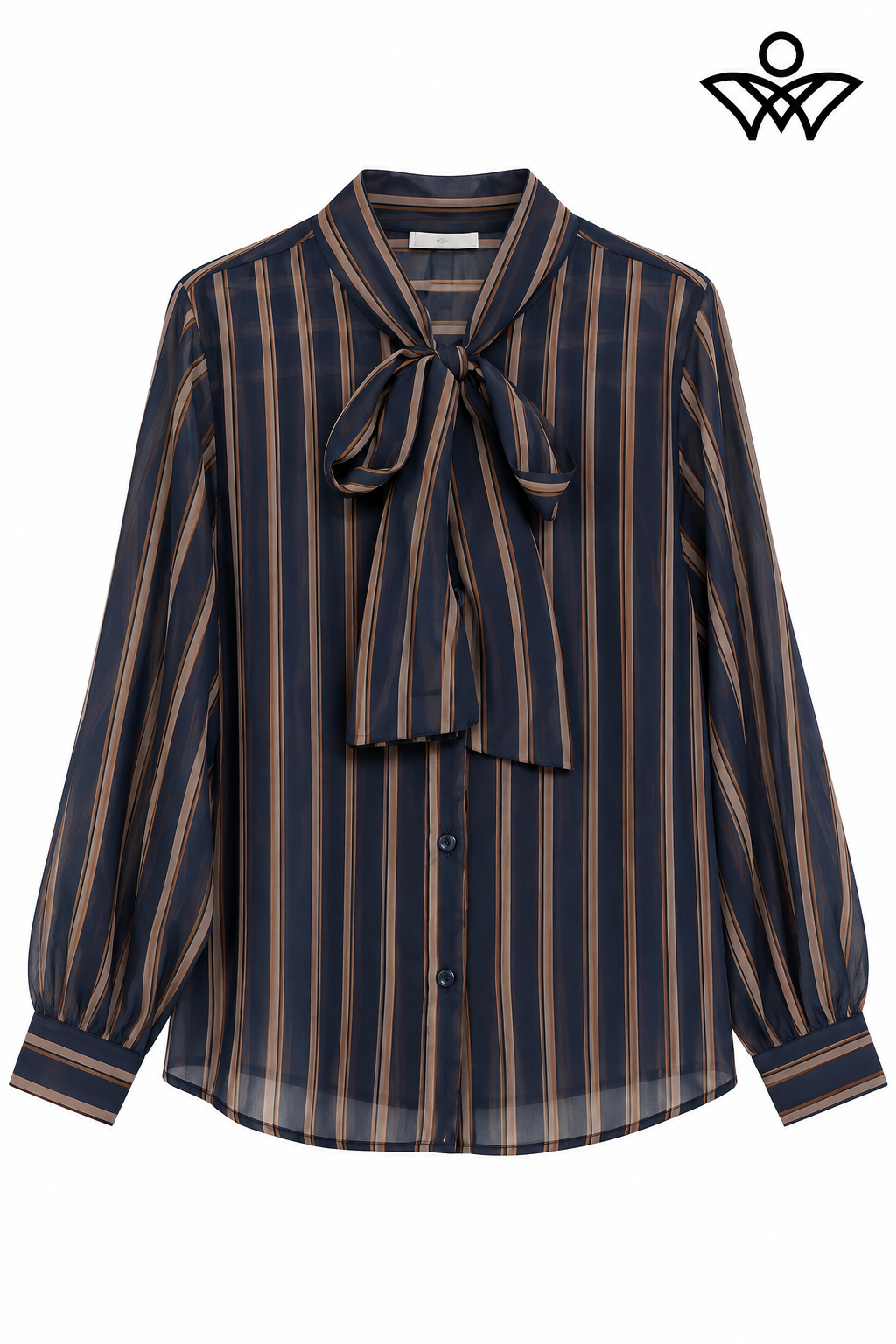 Camisa de gasa azul marino y beige de mujer con rayas y lazo