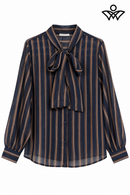 Camisa de gasa azul marino y beige de mujer con rayas y lazo