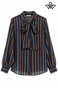 Camisa de gasa azul marino y beige de mujer con rayas y lazo