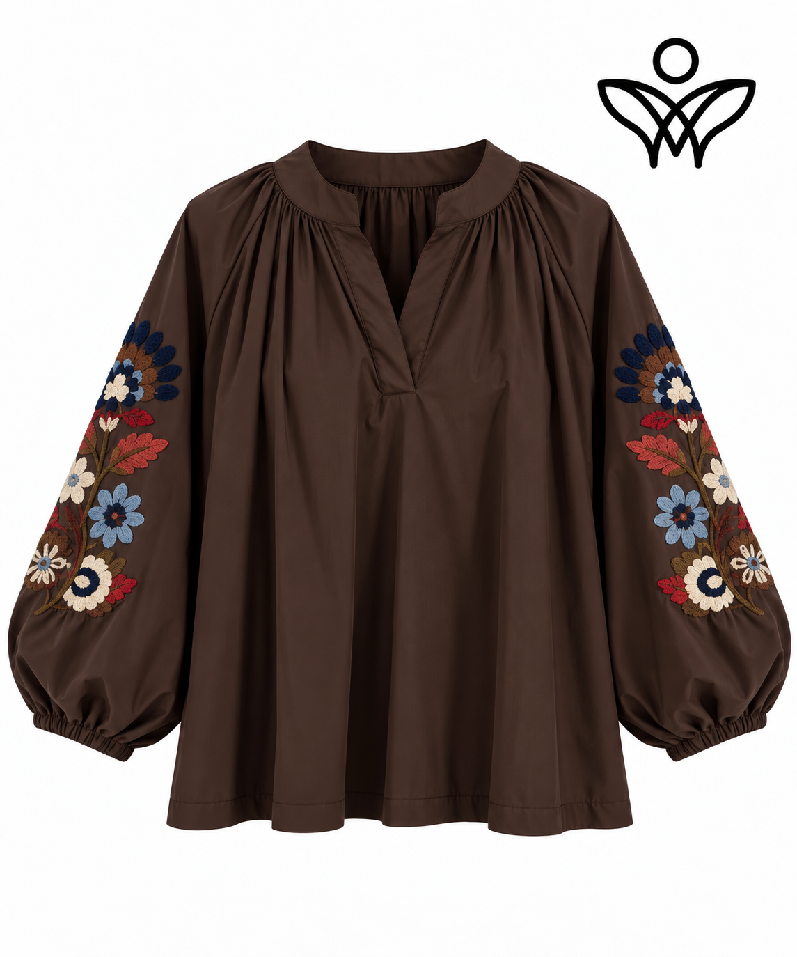 Camisa marrón chocolate con manga abullonada y bordados florales
